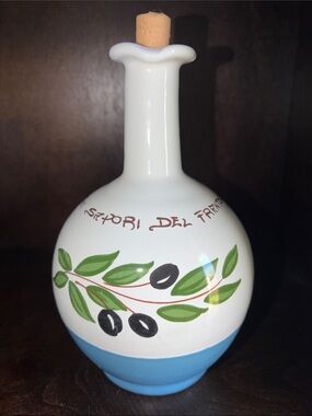 White Ceramic Olive Oil Bottle with Blue Base - Decorative Serveware